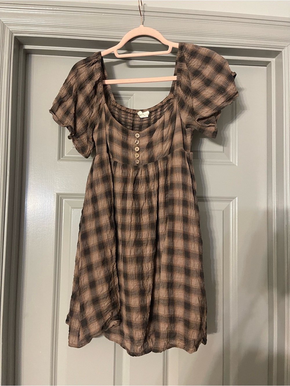 By Together Brown and Black Plaid Short Sleeve Babydoll Dress - Picture 3 of 4
